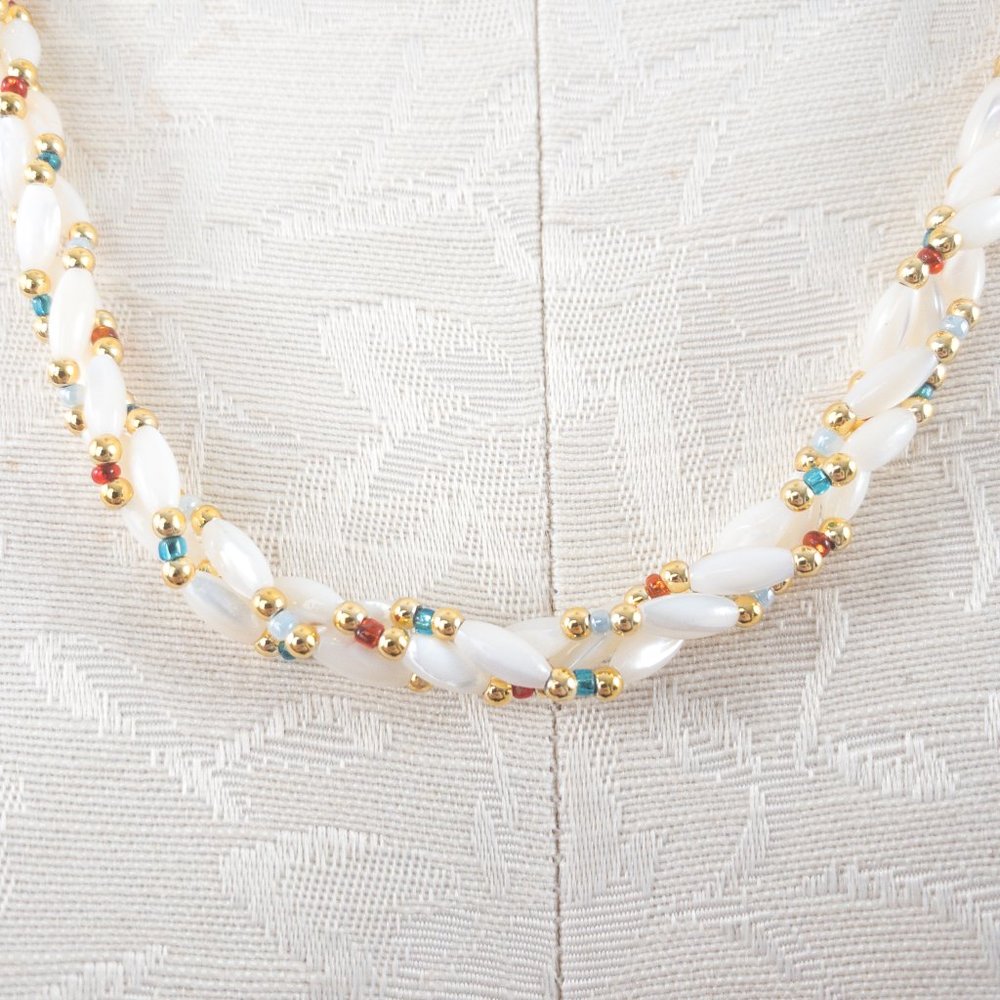 Vintage Braided Twist Beaded Necklace Gold Cream - Picture 2 of 6